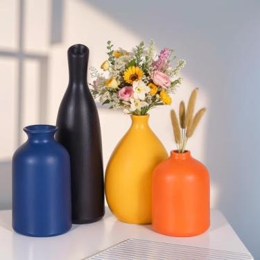 Imagem de XIYOUQI Conjunto De 4 Vasos Cerâmica, Estilo Minimalista Para Decoração Rústica, Vaso Preto, Amarelo, Laranja E Azul, Arranjos Florais Modernos Decorativos Multicoloridos, Centro Mesa