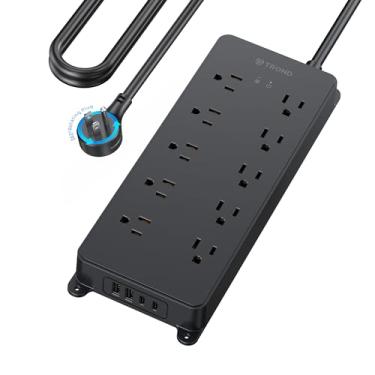 Imagem de TROND Protetor De Surtos Para Régua Energia Com Plugue Plano Giratório 360°, Cabo Extensão 4,5 M Comprimento, 4000 J, 10 Tomadas Amplo Espaçamento, 2 Entradas Usb A E C, Montável Em Parede, Escritór
