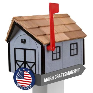 Imagem de Peaceful Classics Caixa De Correio Madeira Com Telhado Cedro Amish, Guarnição Janela E Porta, Caixas Artesanais Para Áreas Externas, Montagem Em Poste Residencial - (Acabamento Cinza Preto)