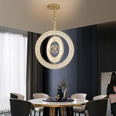 Imagem de BEINEIJIE Lustres De Led Reguláveis, Lustre Cristal Moderno Giratório, Luminária Pendente Teto Para Sala Jantar, Estar, 2 Anéis Ajustáveis, K9, Contemporâneos Luxo (Banhados A Ouro, Diâmetro 23,6")