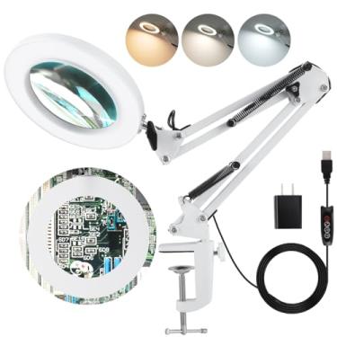 Imagem de LANCOSC Lupa 5X Com Luz E Suporte, 3 Modos De Cor Ajuste Contínuo, Lente 8 Dioptrias, Braço Giratório Ajustável, Luminária Mesa Led Para Trabalho Perto, Reparos, Artesanato, Leitura - Branca