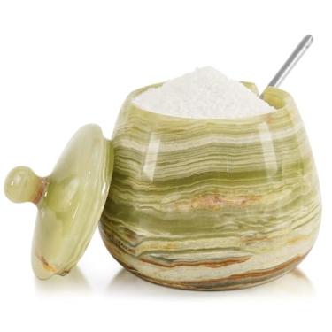 Imagem de Adega de sal de mármore com tampa de 10 cm, adega de sal artesanal verde com tampa e colher, suporte de sal, recipiente de sal e pimenta, caixa de sal, recipiente de açúcar mascavo