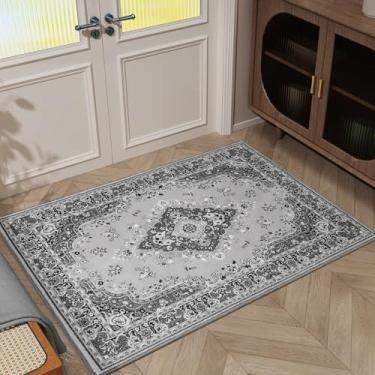 Imagem de HOMORE Tapete vintage 2x3 pequenos para quarto, tapete floral cinza para entrada, lã sintética, antiderrapante, lavável, tapete interno para entrada, cozinha, cabeceira, tapetes para decoração de