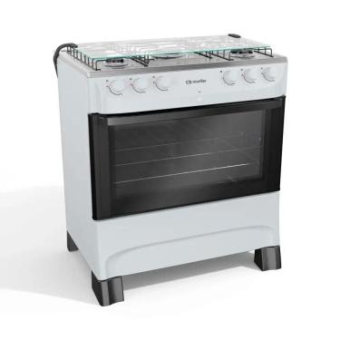 Imagem de Fogão 5 Bocas a Gás Mueller com Acendimento Automático e Forno 81,6L Branco Bivolt - MFI5BB