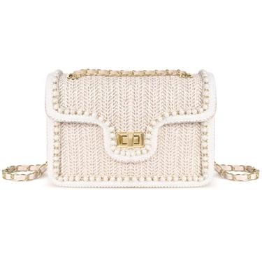 Imagem de OWGSEE Bolsas transversais de palha para mulheres, bolsas e bolsas de mão de palha da moda de verão bolsa clutch de ráfia de ombro com pérolas, M, bege