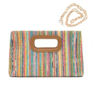 Imagem de Long Keeper Bolsas de mão de palha com alça superior, bolsas noturnas, bolsa de praia de verão, bolsa de ombro transversal com corrente, colorida, Colorido