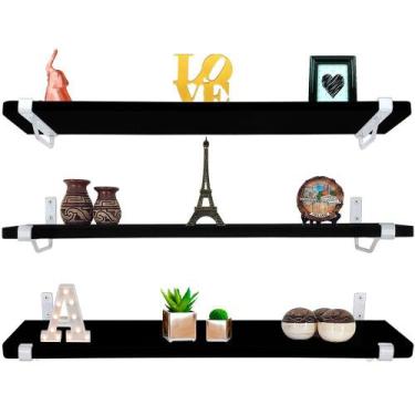 Imagem de Kit Jogo 3 Prateleiras De Parede Madeira Mdf 60cm x 15cm Branca e Pret