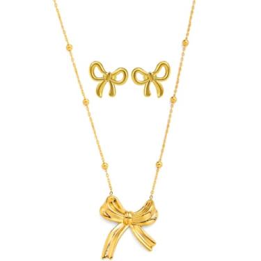 Imagem de JczR.Y Colar de laço de ouro, colar de coração de pérola, brincos para mulheres, aço inoxidável, laço, pingente, colar, conjunto de joias delicadas, presente, Aço inoxidável, Sem Pedra Preciosa