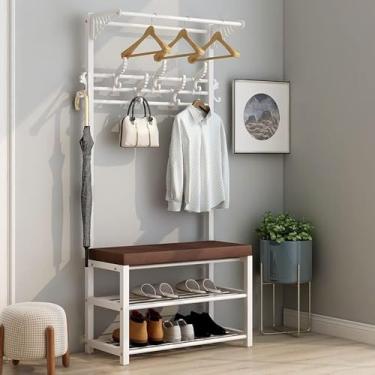 Imagem de Cabide De Metal Com Banco De Sapatos, Cabide Com Sapateira De 2 Camadas E 10 Ganchos, Árvore De Entrada 3 Em 1 Com Assento E Estrutura De Aço Para Entrada Salas De Estar Corredor, B, 60x33x175cm