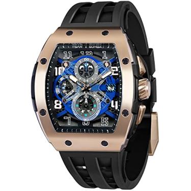 Imagem de Relógio de pulso masculino TSAR BOMBA quadrado com movimento de quartzo japonês, com cronógrafo, vidro de safira, à prova d'água até 50 m, luminoso, com calendário