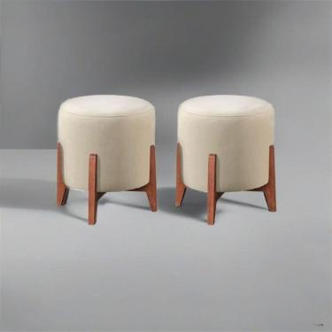 Imagem de Kit 2 Puff Decorativo Para Sala Redondo Luxo Dallas Linho Marfim