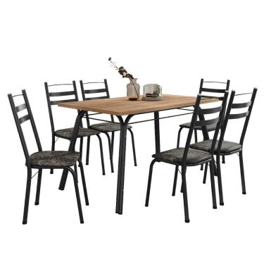 Imagem de Conjunto De Mesa Sala De Jantar Com 6 Cadeiras Tubular Tampo Bp Madeirado Retangular 1,36m Preto/flor