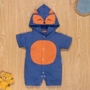 Imagem de Macacão de Bebê Curto Com Capuz Bichinho Bordado Raposa Azul - Era Uma