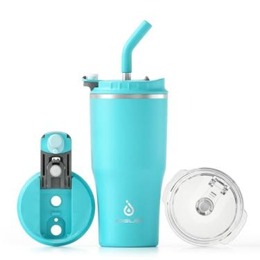 Imagem de Ideus Caneca de café de viagem 510 g, copo isolado à prova de vazamento de parede dupla de aço inoxidável com tampa e canudo, compatível com porta-copos, azul celeste