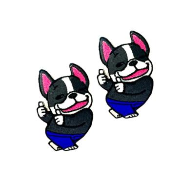 Imagem de Ploen Conjunto de 2 peças Mini Bulldog Francês Filhote de Cachorro Ploen Logotipo Bonito Desenho Animado 4 Patches Costurar Ferro em Aplique Bordado Emblema Sinal Remendo Roupas DIY Fantasia