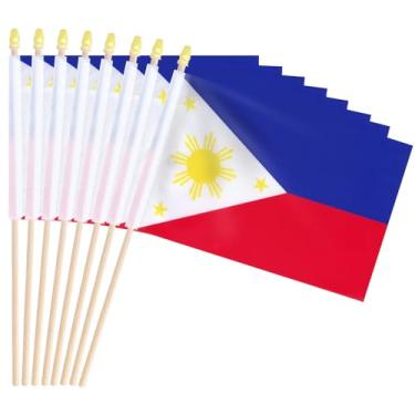 Imagem de Pacote com 20, bandeiras portáteis das Filipinas 12 x 20 cm – Pequenas bandeiras filipinas em varas de madeira com topo de lança dourada, mini bandeira do país das Filipinas para o Dia da