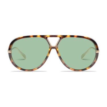 Imagem de GRFISIA Óculos de sol aviador retrô para mulheres, homens, modernos, grandes, redondos, óculos escuros vintage, (1 peça), tartaruga/verde, 1 Pack