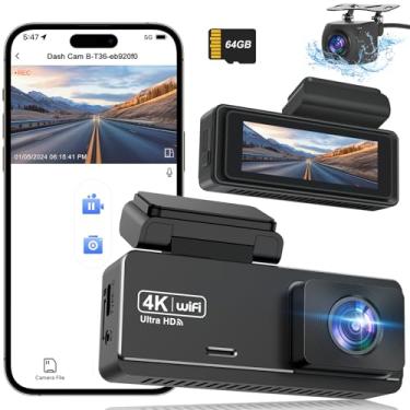 Imagem de Câmera veicular frontal e traseira 4k, câmera veicular WiFi para carros dianteiros e traseiros com aplicativo, câmera de carro 4K + 1080P com cartão de 64 GB, câmera dupla de tela de 3 polegadas com