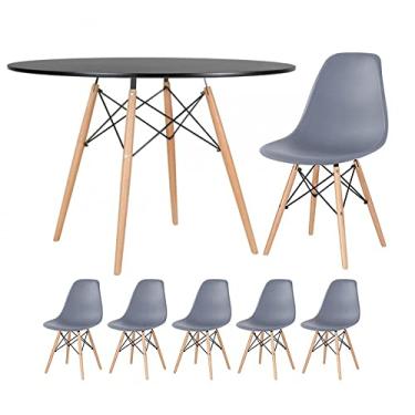 Imagem de Loft7, Kit - Mesa redonda Eames 120 cm preto + 5 cadeiras Eiffel Dsw Cinza escuro