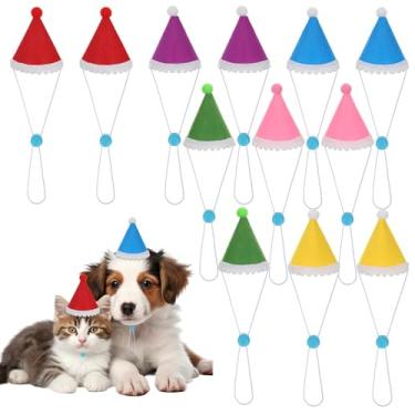 Imagem de Pacote com 12 mini chapéus de festa para animais de pelúcia, mini chapéus de festa multicoloridos para gatos e cães pequenos, chapéu fofo para animais de estimação com pompons, chapéu de cone de