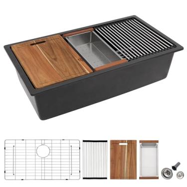 Imagem de Fulorni Pia de cozinha composta de granito de 76,2 x 48,3 cm - Ledge Workstation Undermount Undermount Matte Black Quartz Classic Under Counter Single Bowl Sink Basin