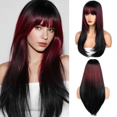 Imagem de YUCCAHA Peruca Ombre Preta Vermelha Sintética em Camadas com Franja para Mulheres Wear and Go Peruca Sem Cola 66 cm Parte do Meio Longa Lisa Colorida Fantasia Perucas Fibra Resistente ao Calor para