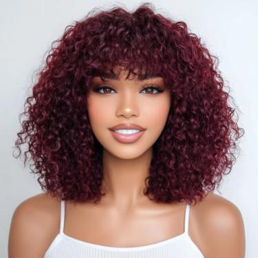Imagem de JOEDIR HAIR Peruca de cabelo humano para mulheres negras usar e ir afro cacheado Bob peruca com franja 12 polegadas onda de água perucas sem cola 250% densidade (99J / Borgonha)