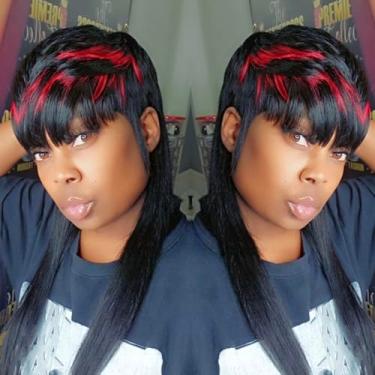 Imagem de PurpleSexy Perucas de tainha para mulheres negras cabelo humano tainha corte Pixie perucas retas com franja 40,6 cm 1b/cor vermelha para uso diário peruca sem cola cabelo humano virgem brasileiro liso