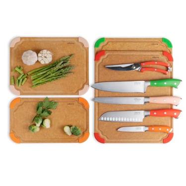 Imagem de Elihome Conjunto de 9 peças de tábua de corte e faca de cozinha Cutting Wise, conjunto de tábuas de corte de código de cores com ícones de alimentos, pés antiderrapantes, sulcos de suco, seguro para