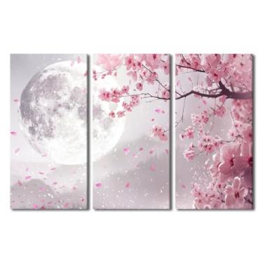 Imagem de Arte de parede com flores de cerejeira lua paisagem decoração de parede 3 peças arte emoldurada decoração de parede impressões modernas arte de parede para paredes quarto decoração de parede arte de