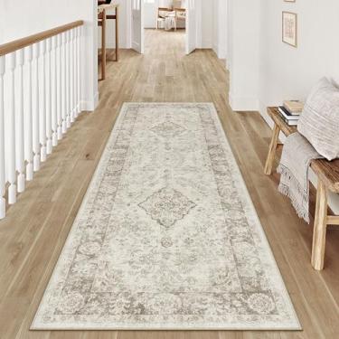 Imagem de PureCozy Tapete de corredor 5 x 15 cm bege lavável corredor cozinha tapete antiderrapante interior vintage envelhecido pequeno pilha baixa fino quarto banheiro medalhão destaque tapete lavanderia sala