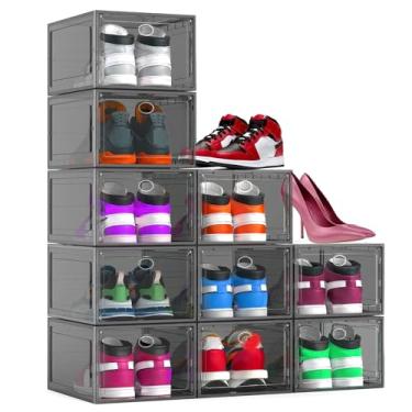 Imagem de Katoora Pacote com 9 organizadores grandes de plástico rígido grosso empilhável transparente para armário, caixa de armazenamento de sapatos de fácil montagem com tampa, caixa de exibição de sapateira