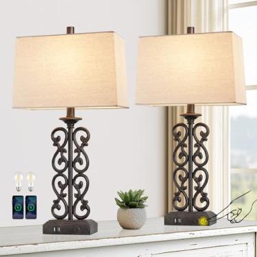 Imagem de AIEAMPDO Conjunto de 2 luminárias de mesa modernas de resina de 63,5 cm para sala de estar com duas portas USB, lâmpadas de cabeceira rústicas reguláveis de 3 vias, luminária de mesa de cabeceira de