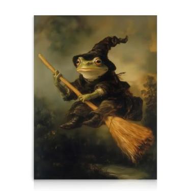 Imagem de Dazzlewall Impressão de arte de parede de sapo engraçado, decoração de parede peculiar sapo bruxa montando uma vassoura, pôster engraçado de animal de Halloween, 30,5 x 40,6 cm sem moldura