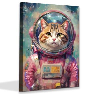 Imagem de Arte de parede de gato astronauta rosa tela de banheiro, decoração de arte de parede de astronauta de gato engraçado, arte de parede minimalista animal banheiro pinturas de imagem rosa meninas quarto