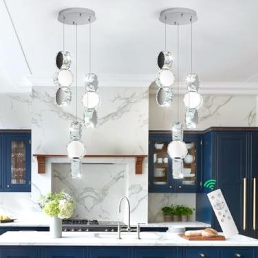 Imagem de Luzes pendentes de LED Iluminação moderna ilha de cozinha controle remoto regulável cristal luminária pendente para corredor sala de jantar sobre mesa luminária prata