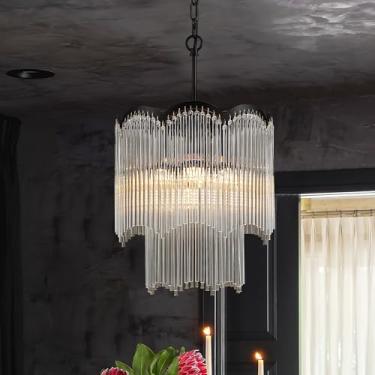 Imagem de Faibra Luminária pendente de cristal de vidro transparente preto de 31,7 cm, luminária de teto moderna com pingente de cristal de 5 luzes, lustres de vidro de luxo de 2 camadas, para sala de jantar