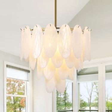 Imagem de Lustres de vidro modernos, luminária de sala de jantar dourada de 9 luzes, lustre de vidro redondo em forma de folha de 68 cm, luminária de teto pendente de várias camadas para sala de estar, sala de