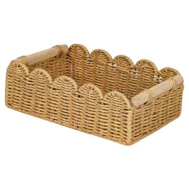 Imagem de Generic Cesto de armazenamento de corda de papel com alça de madeira, organizador decorativo para despensa, cômoda de papel higiênico, mesa de cabeceira de, 35 Cm X 16 Cm X 9.5