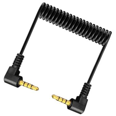 Imagem de PIIHUSW Cabo de áudio estéreo enrolado de 3,5 mm, ângulo reto de 90 graus, conector macho para macho, 4 polos, extensão TRRS para PC, TV, gravadores, MP3, suporte de cartão, amplificador, alto-falante