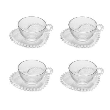 Imagem de Cj 4 Xícaras P/Chá C/Pires de Cristal C/Formato Coração Pearl Bolinha Transparente 180ml Wolff