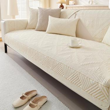Imagem de vctops Boho Capa de sofá acolchoada de algodão lavável, macia, antiderrapante, capa de sofá com bordado floral para cães, crianças, protetor de móveis de animais de estimação (creme, 91 cm x 91 cm)