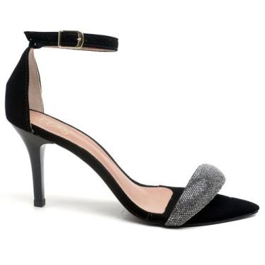 Imagem de Sandália Feminina Salto Médio Fino Preto Bico Folha Manta Strass - ELL
