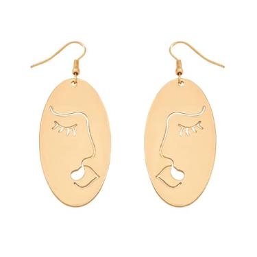 Imagem de Brincos pendentes de rosto feminino abstratos exclusivos para mulheres, linha geométrica, assimétrico, banhado a ouro, pingente hipoalergênico, moda joias modernas para ela