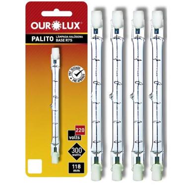 Imagem de 4 Lâmpadas Halógena Palito 300w Base R7s 220v 118mm Ourolux Cor da Luz