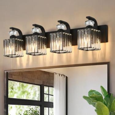 Imagem de Luminária moderna para banheiro, 4 luminárias pretas claras sobre o espelho, arandela de parede de cristal de 72 cm para banheiro/quarto/penteadeira, inclui lâmpadas de LED, fácil instalação