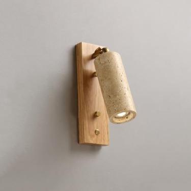 Imagem de Luminária de parede retangular de madeira, luminária de cabeceira ajustável com interruptor liga/desliga, arandelas de parede cilíndricas de travertino amarelo, luminária de arte Wabi Sabi p