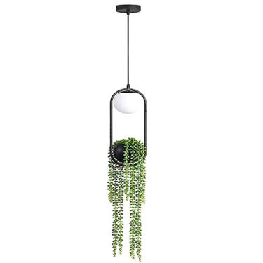 Imagem de Lustre de jardim externo com planta suspensa, 1 luminária pendente de metal, luminária de teto decorativa compatível com restaurante, casa, quarto, lustre de LED moderno, preto