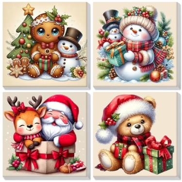 Imagem de Bowetile Pacote com 4 tintas emolduradas de Natal por números para adultos iniciantes, kits fáceis de pintar por número em tela, kits de artesanato de pintura com números acrílicos, presentes de Natal