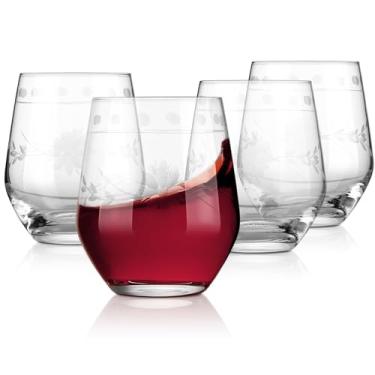 Imagem de Royalrose Conjunto de 4 taças de vinho tinto vintage premium Delight – sopradas à mão com vidro clássico gravado, para casamentos, jantares e presentes de Natal (taças de vinho sem haste)